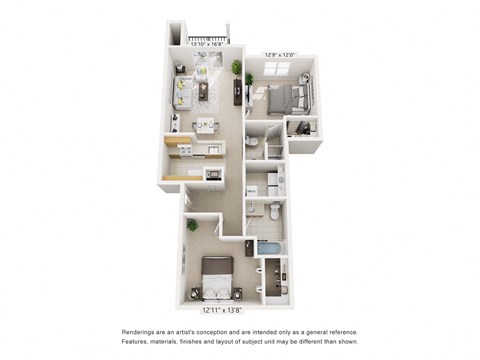 Floor plan for 2 beds, 2 baths, 1015 sqft